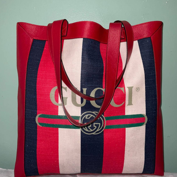 GUCCI Canvas Calfskin Sylvie Stripe Logo Mens Tote Red White Blue Large. - Picture 16 of 16